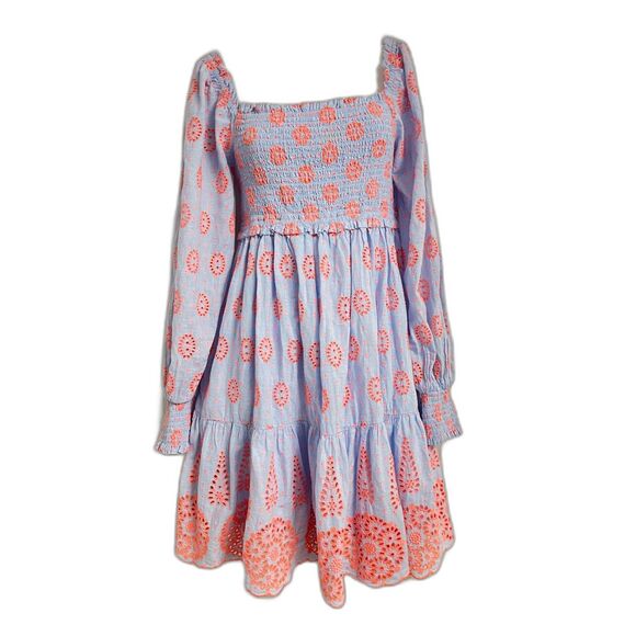 Lilly Pulitzer Rainna Eyelet Smocked Dress Blue Peri Chambray Dobby Eye Small - Picture 2 of 11